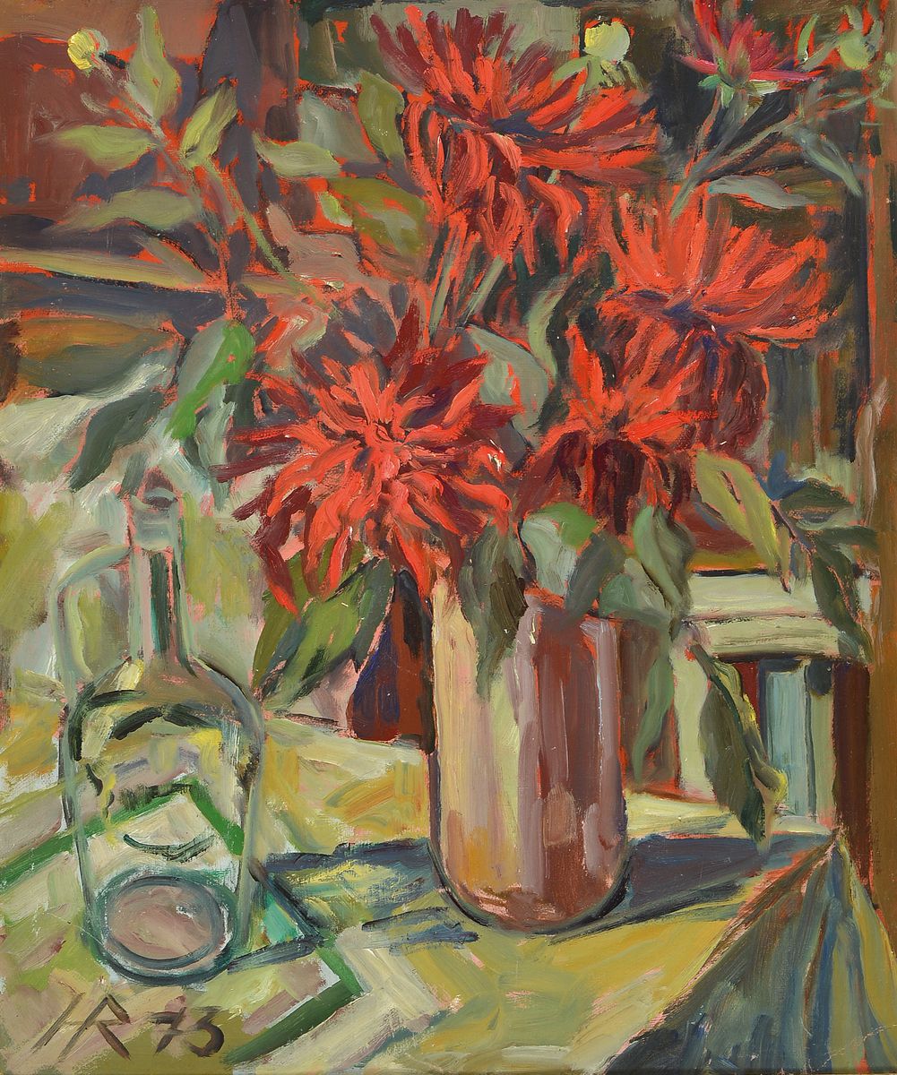 Heinz Reiss, 1923-2008 Haßloch, Schüler von Philipp Steinmetz, Mitglied der Künstlergruppe worbs, hier: Stillleben mit Glasflasche und Blumen, ...