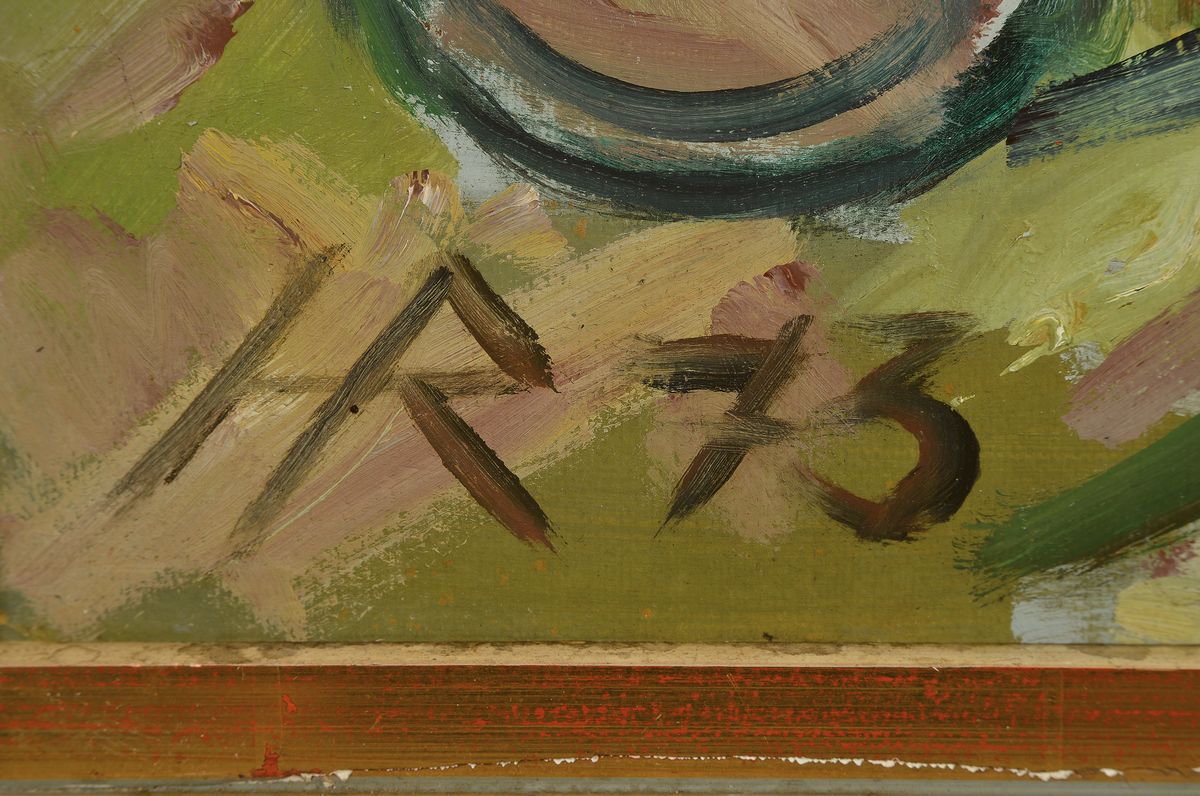 Detail a: Heinz Reiss, 1923-2008 Haßloch, Schüler von Philipp Steinmetz, Mitglied der Künstlergruppe worbs, hier: Stillleben mit Glasflasche und Blumen, ...
