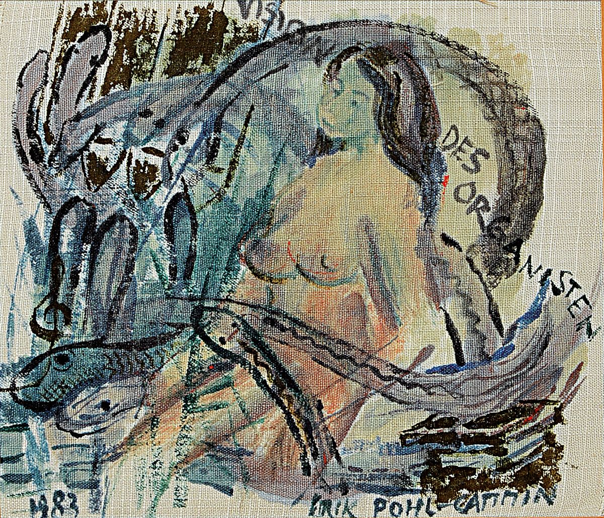 Erik Pohl-Cammin, geb. 1911 Stettin, Vision des Organisten, Gouache auf Stoff, signiert, betitelt und dat. 83, ca. 19x21cm, PP, u.Gl., R. ca. 52x45cm