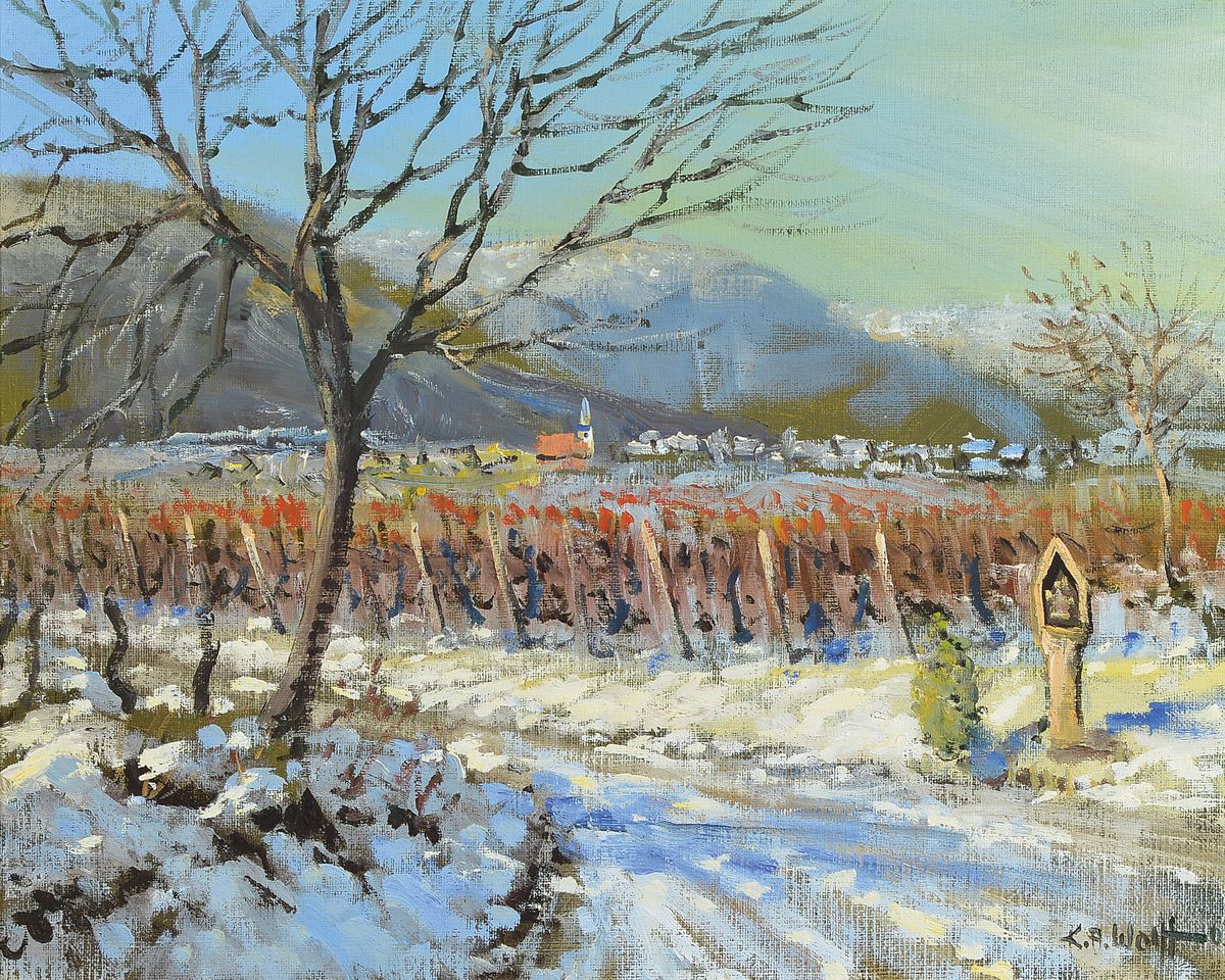 Karl August Wolff, geb. 1938 Ludwigshafen, lebt und arbeitet in Offenbach/Queich, hier: Landschaft am Haardtrand im Winter, Öl/Lwd, rechts unten ...