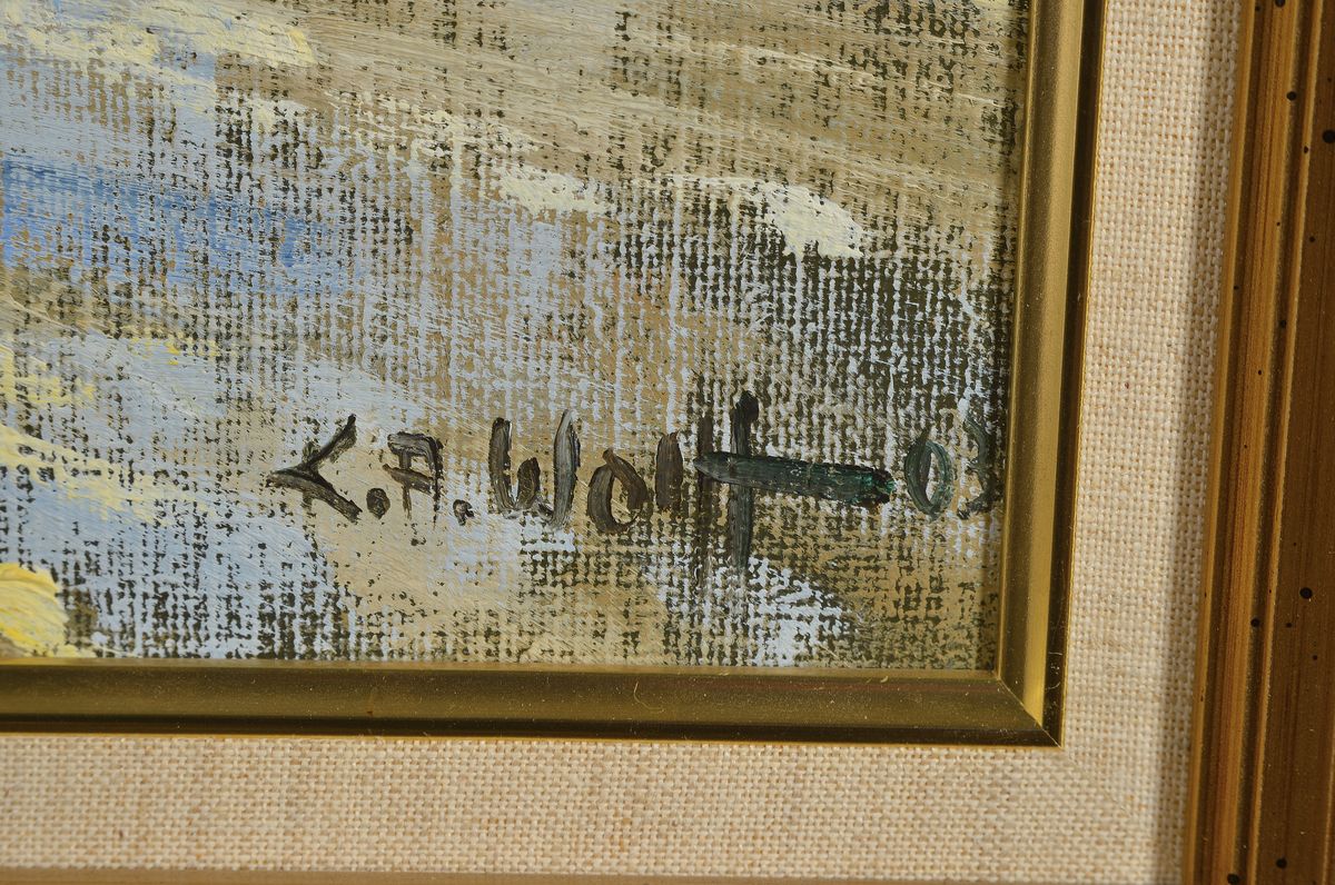 Detail a: Karl August Wolff, geb. 1938 Ludwigshafen, lebt und arbeitet in Offenbach/Queich, hier: Landschaft am Haardtrand im Winter, Öl/Lwd, rechts unten ...