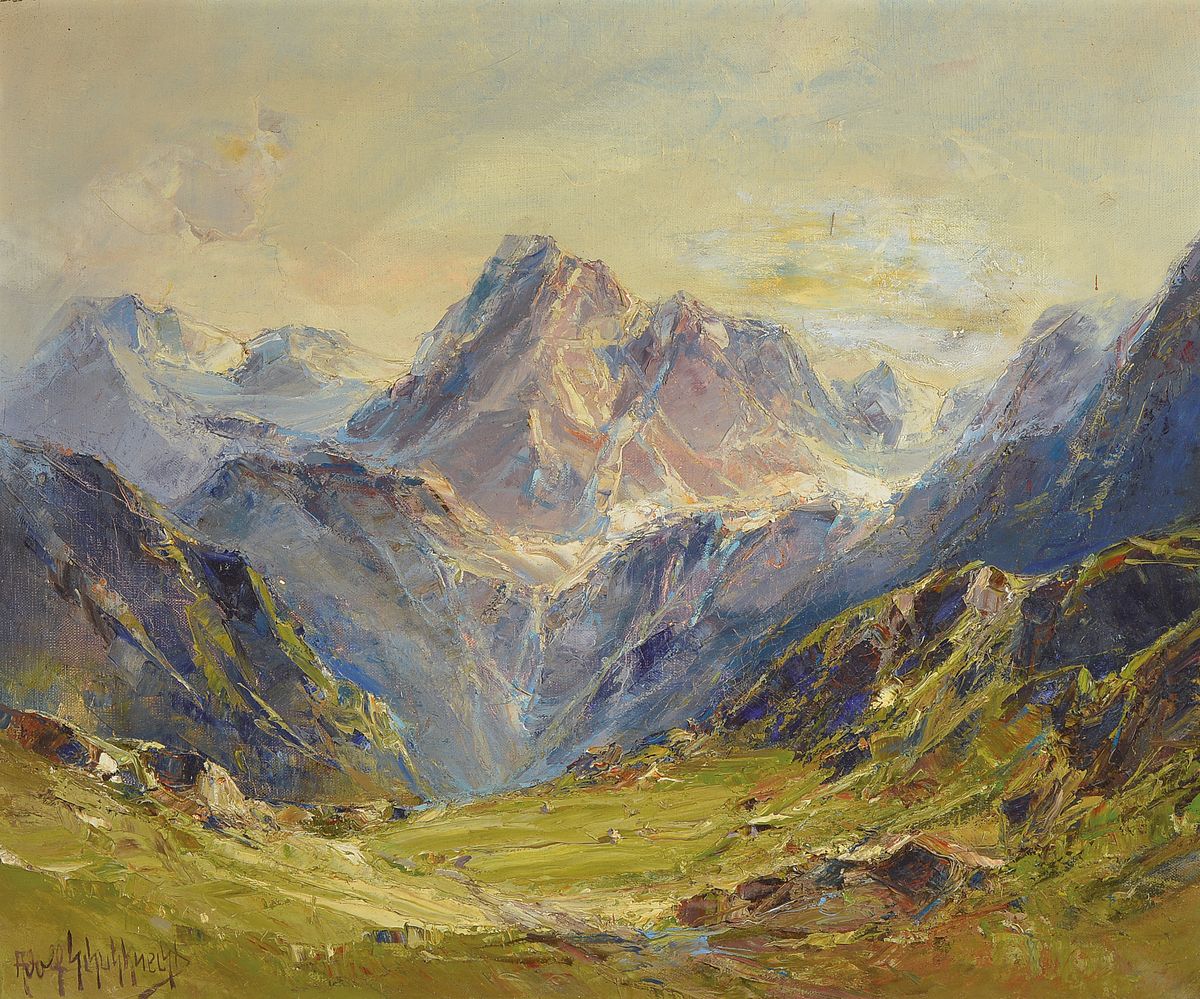 Adolf Schuhknecht, 1889 Reichenbach-1944 Leipzig, Frühsommer im Allgäu, rückseitig so betitelt, Öl/Lwd, signiert, ca. 50x60cm, R. ca. 60x70cm