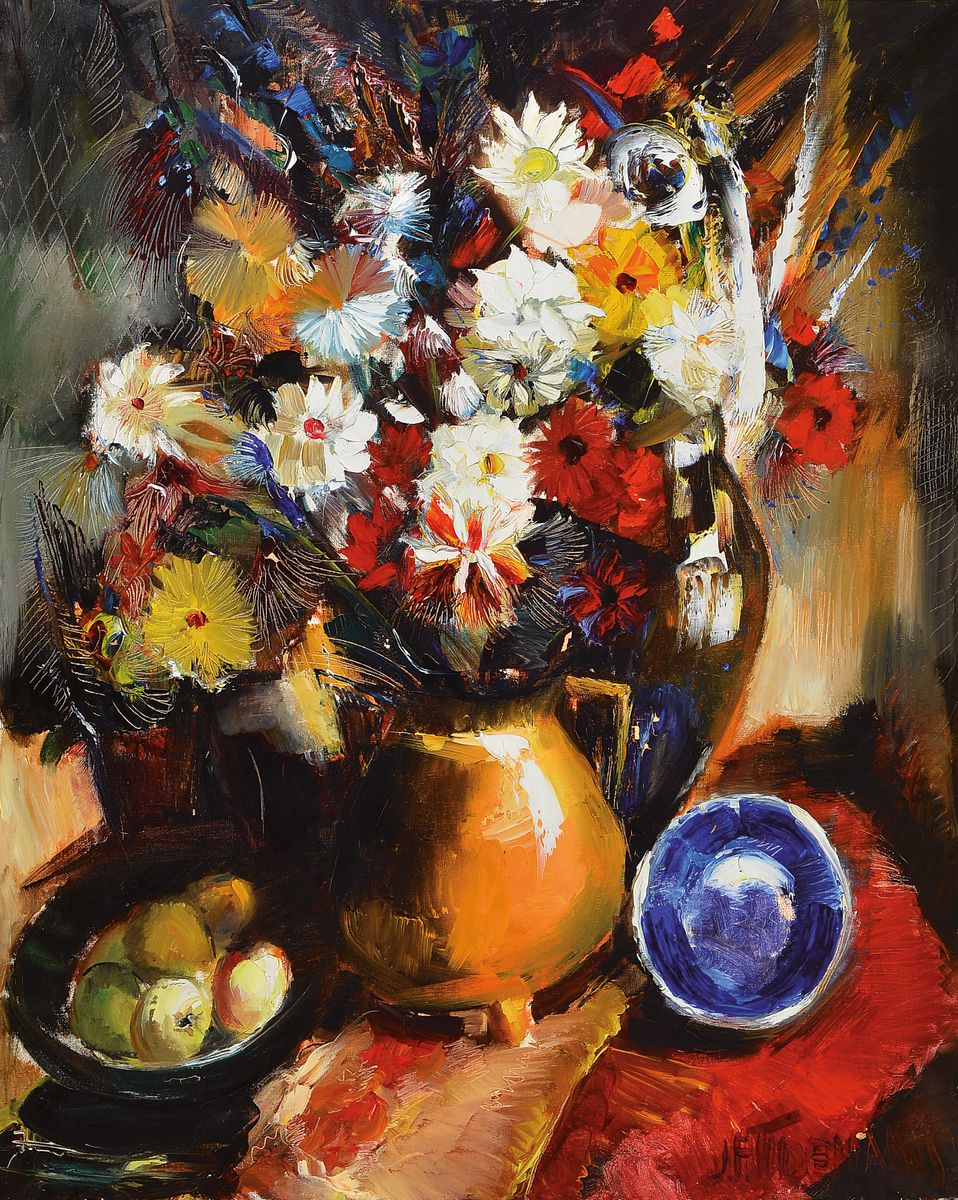 Janis Ferdinands Tidemanis, 1897 Ventspils/ Lettland-1964 Toronto/Kanada, Großes Stillleben mit Blumen in Vase, Äpfeln und blauem Teller, Öl/Lwd, ...