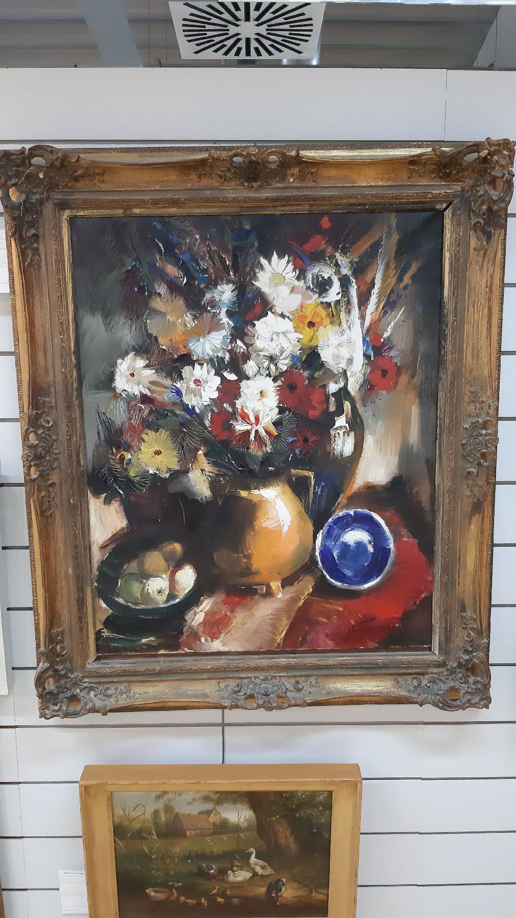 Detail b: Janis Ferdinands Tidemanis, 1897 Ventspils/ Lettland-1964 Toronto/Kanada, Großes Stillleben mit Blumen in Vase, Äpfeln und blauem Teller, Öl/Lwd, ...