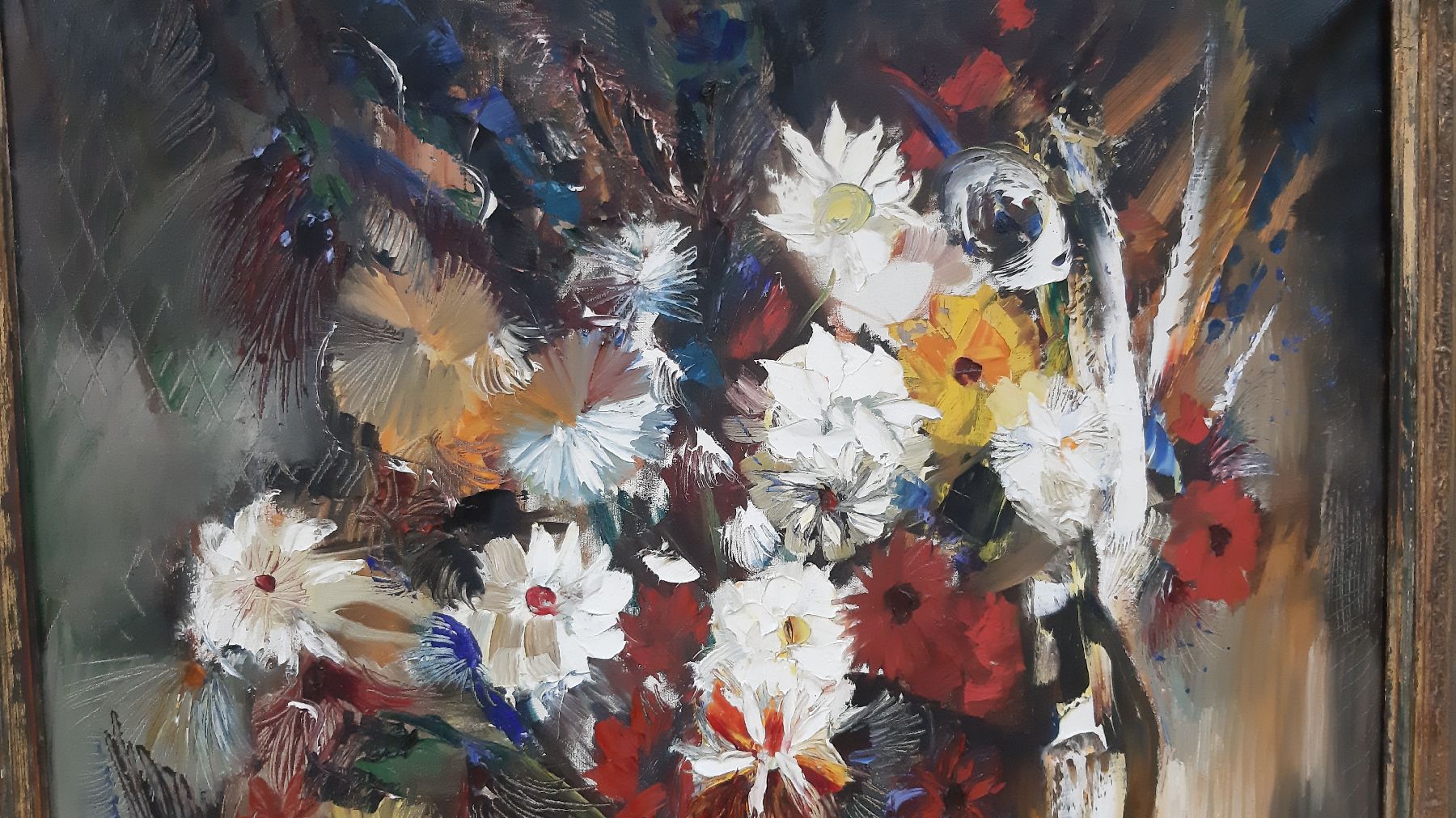 Detail d: Janis Ferdinands Tidemanis, 1897 Ventspils/ Lettland-1964 Toronto/Kanada, Großes Stillleben mit Blumen in Vase, Äpfeln und blauem Teller, Öl/Lwd, ...