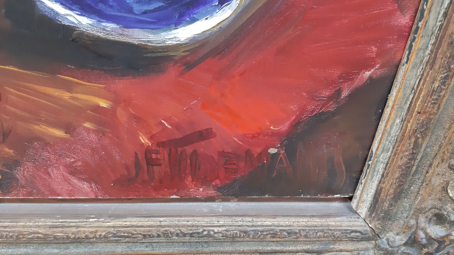 Detail f: Janis Ferdinands Tidemanis, 1897 Ventspils/ Lettland-1964 Toronto/Kanada, Großes Stillleben mit Blumen in Vase, Äpfeln und blauem Teller, Öl/Lwd, ...
