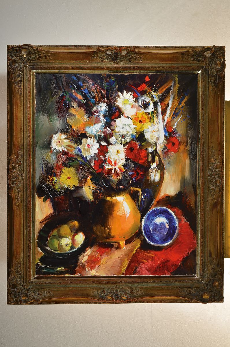 Detail k: Janis Ferdinands Tidemanis, 1897 Ventspils/ Lettland-1964 Toronto/Kanada, Großes Stillleben mit Blumen in Vase, Äpfeln und blauem Teller, Öl/Lwd, ...