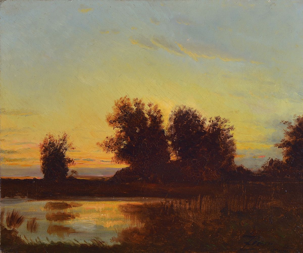 Felix Ziem, 1821 Beaune-1911 Paris, Abendstimmung über Baumgruppe am Seeufer, Öl/Lwd, rest., ca. 37x47cm, R. ca. 62x70 cm