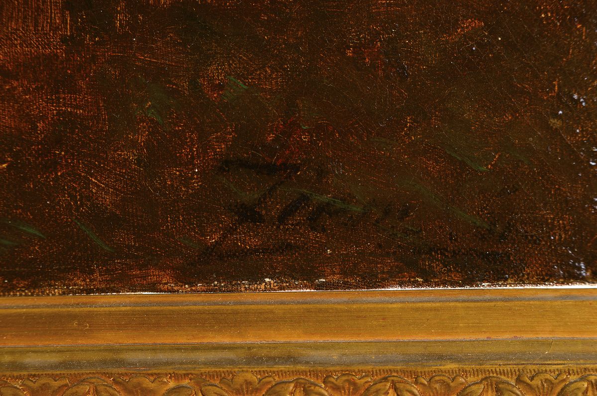 Detail a: Felix Ziem, 1821 Beaune-1911 Paris, Abendstimmung über Baumgruppe am Seeufer, Öl/Lwd, rest., ca. 37x47cm, R. ca. 62x70 cm