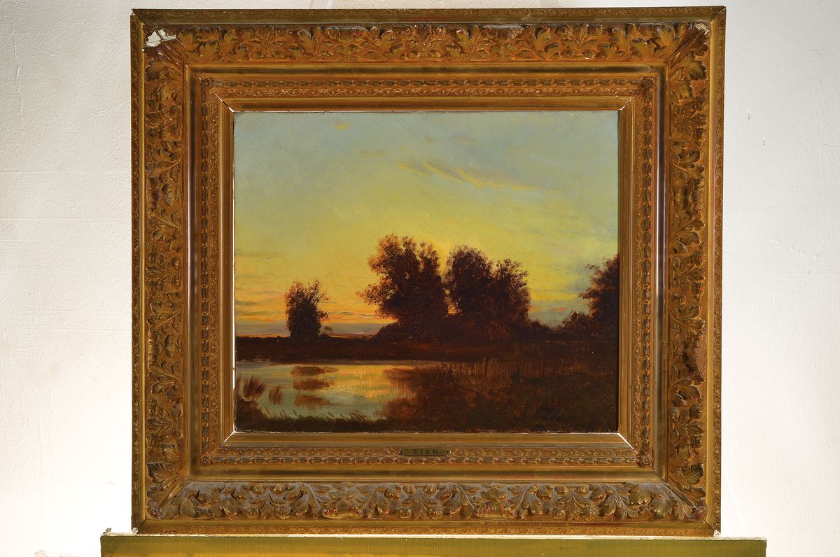 Detail k: Felix Ziem, 1821 Beaune-1911 Paris, Abendstimmung über Baumgruppe am Seeufer, Öl/Lwd, rest., ca. 37x47cm, R. ca. 62x70 cm