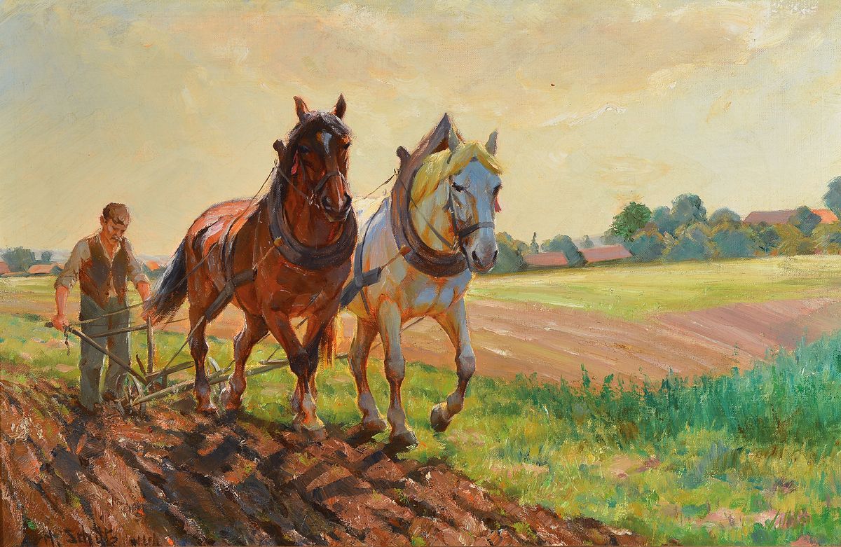 Heinrich Schütz, 1875-1946, Pflügender Bauer, Öl/Lwd, links unten signiert und bez. Mchn, ca. 50x75cm, R. ca. 62x87cm