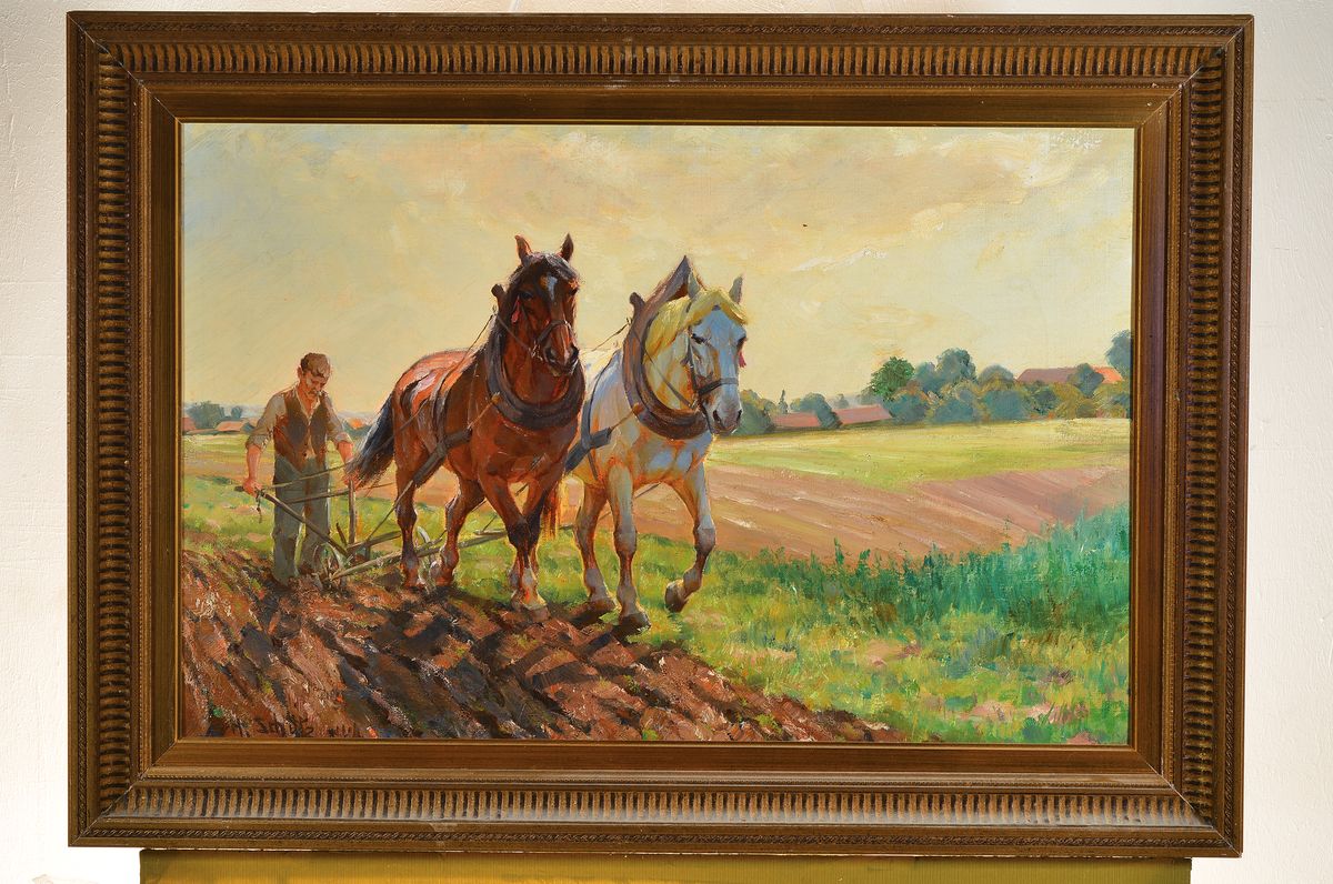 Detail k: Heinrich Schütz, 1875-1946, Pflügender Bauer, Öl/Lwd, links unten signiert und bez. Mchn, ca. 50x75cm, R. ca. 62x87cm