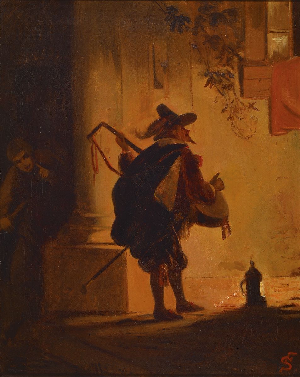 Monogrammist FS, deutsch, Mitte 19. Jh., Lautenspieler bei abendlicher Serenade vor dem Fenster, Öl/Lwd, rest., rechts unten monogr., ca. 49x39cm, ...