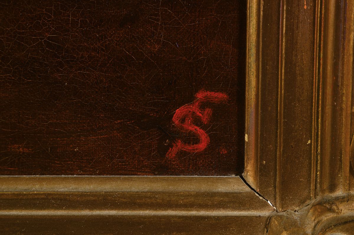 Detail a: Monogrammist FS, deutsch, Mitte 19. Jh., Lautenspieler bei abendlicher Serenade vor dem Fenster, Öl/Lwd, rest., rechts unten monogr., ca. 49x39cm, ...