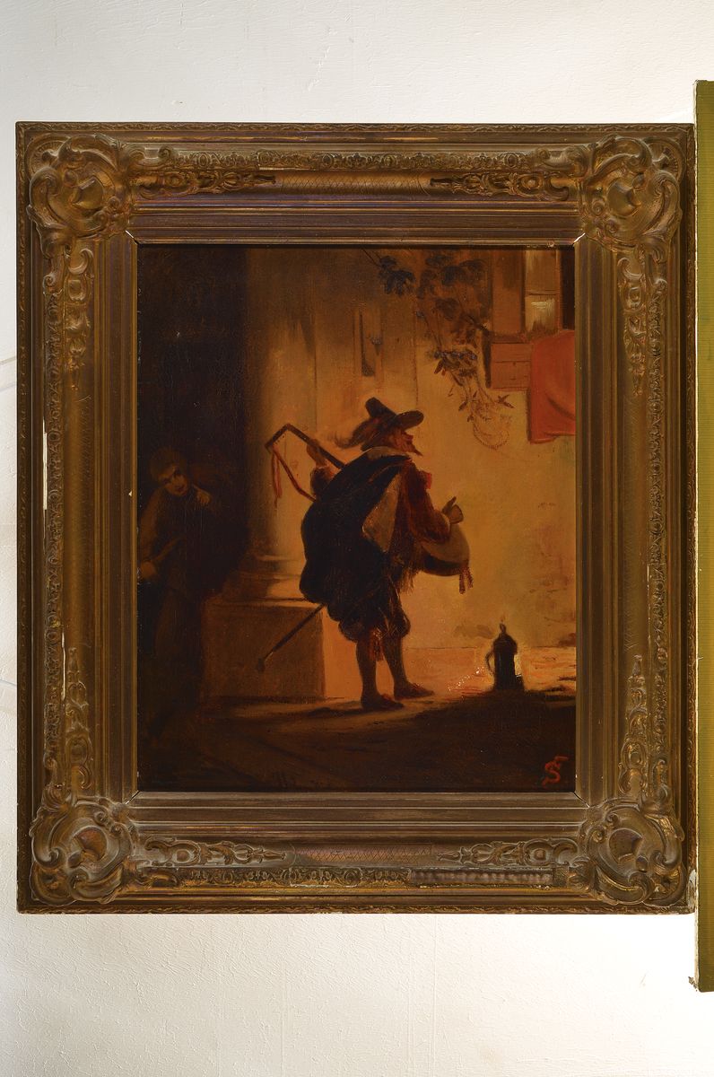 Detail k: Monogrammist FS, deutsch, Mitte 19. Jh., Lautenspieler bei abendlicher Serenade vor dem Fenster, Öl/Lwd, rest., rechts unten monogr., ca. 49x39cm, ...