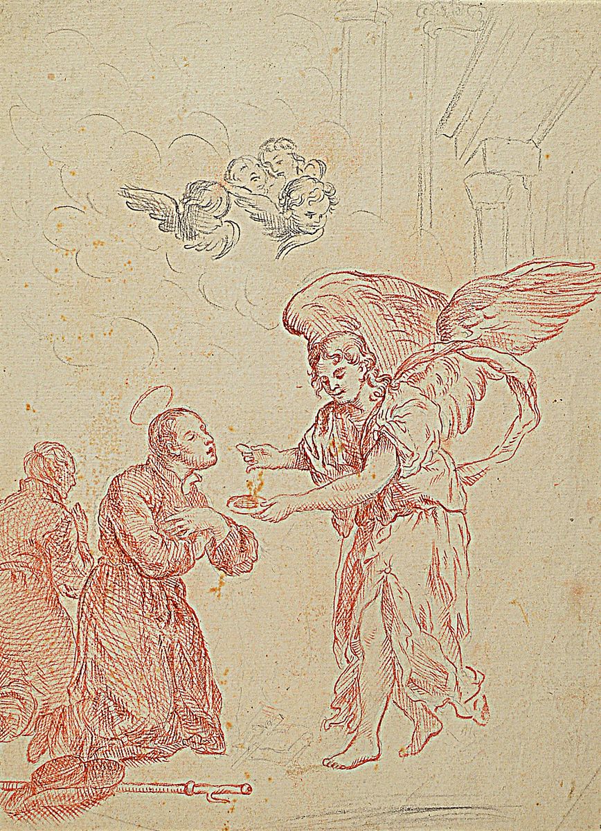 Unbekannter Meister, süddeutsch, um 1710-40, Rötelzeichnung, Darstellung des Erzengel Michael mit Hostienschale beim Austeilen der Hostien, vor ihm ...