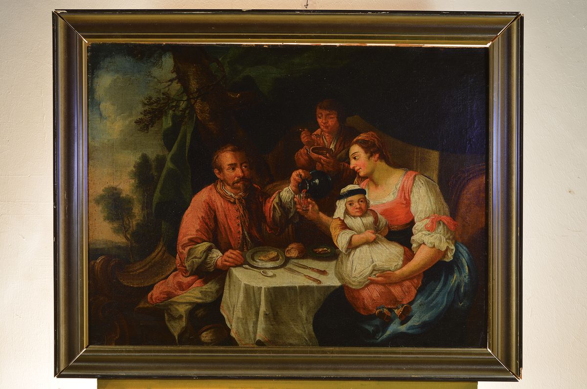Detail k: Unbekannter Künstler, deutsch, 18. Jh., Beim Mittagsmahl, Öl/Lwd/Malkarton, rückseitig altes Etikett mit Zuschreibung an Bartholomäus Ignaz ...