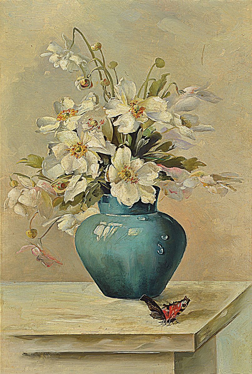 Unbekannter Künstler, um 1910-20, Stillleben mit weißen Blumen in blauer Vase, sowie einem Schmetterling, Öl/Malkarton, ca. 50x35cm, R. ca. 58x43cm