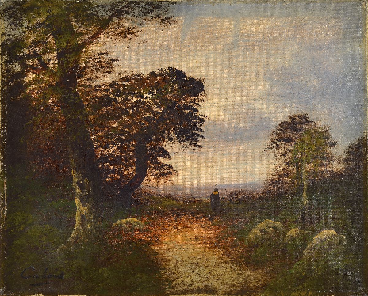 Catois, Französischer Maler, um 1900, 2 Pendants: Abendliche Landschaften mit Angler bzw. Spaziergänger, Öl/Lwd, beide sign., ca. 33x41cm