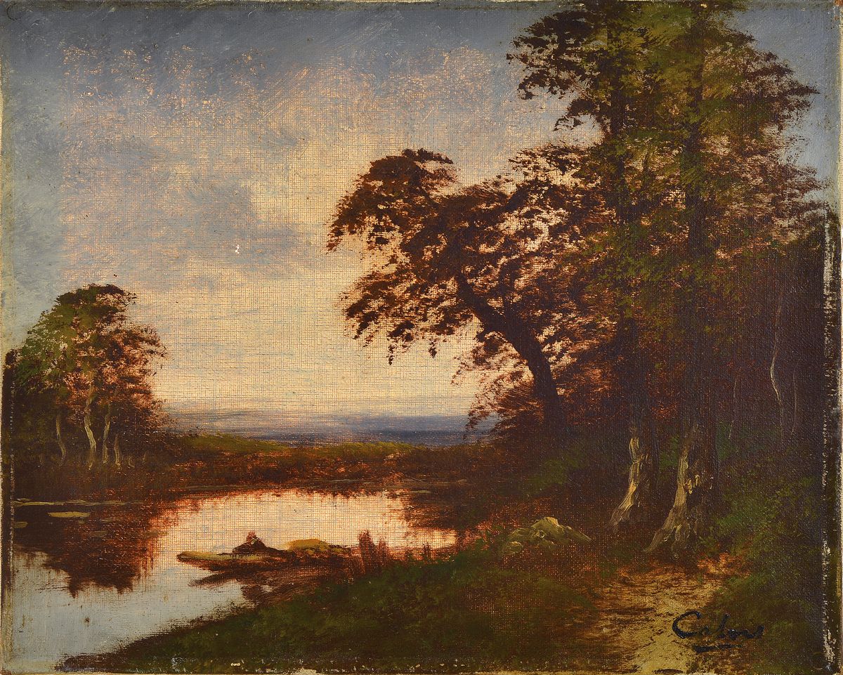 Detail b: Catois, Französischer Maler, um 1900, 2 Pendants: Abendliche Landschaften mit Angler bzw. Spaziergänger, Öl/Lwd, beide sign., ca. 33x41cm