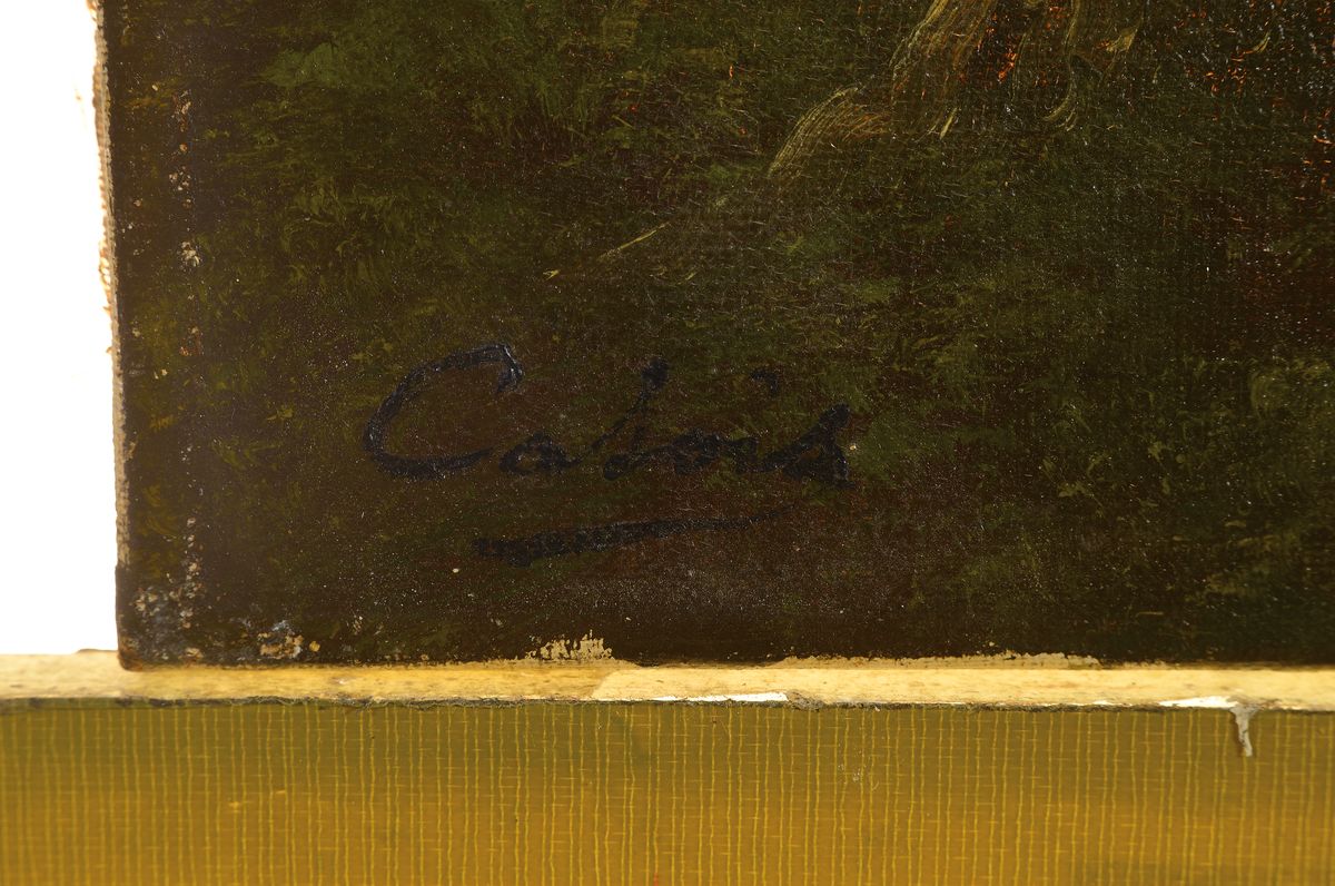 Detail c: Catois, Französischer Maler, um 1900, 2 Pendants: Abendliche Landschaften mit Angler bzw. Spaziergänger, Öl/Lwd, beide sign., ca. 33x41cm