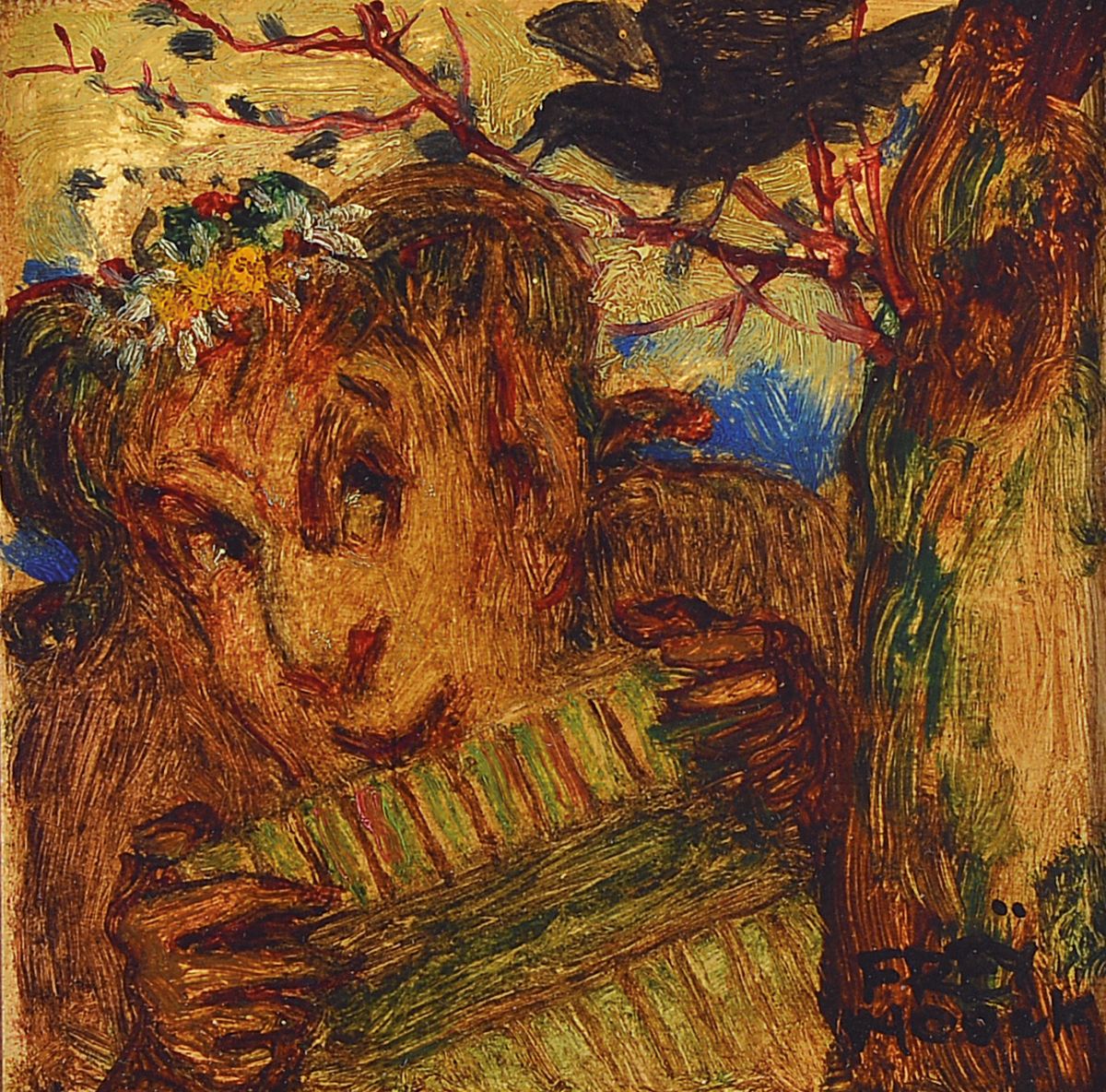 Adolf Frey Moock, 1881 - 1954, Pan mit Flöte, Öl/Malkarton, Sammlungsstempel: O. Dietrich München ?, re. u. signiert, ca. 11 x 11 cm, Rahmen