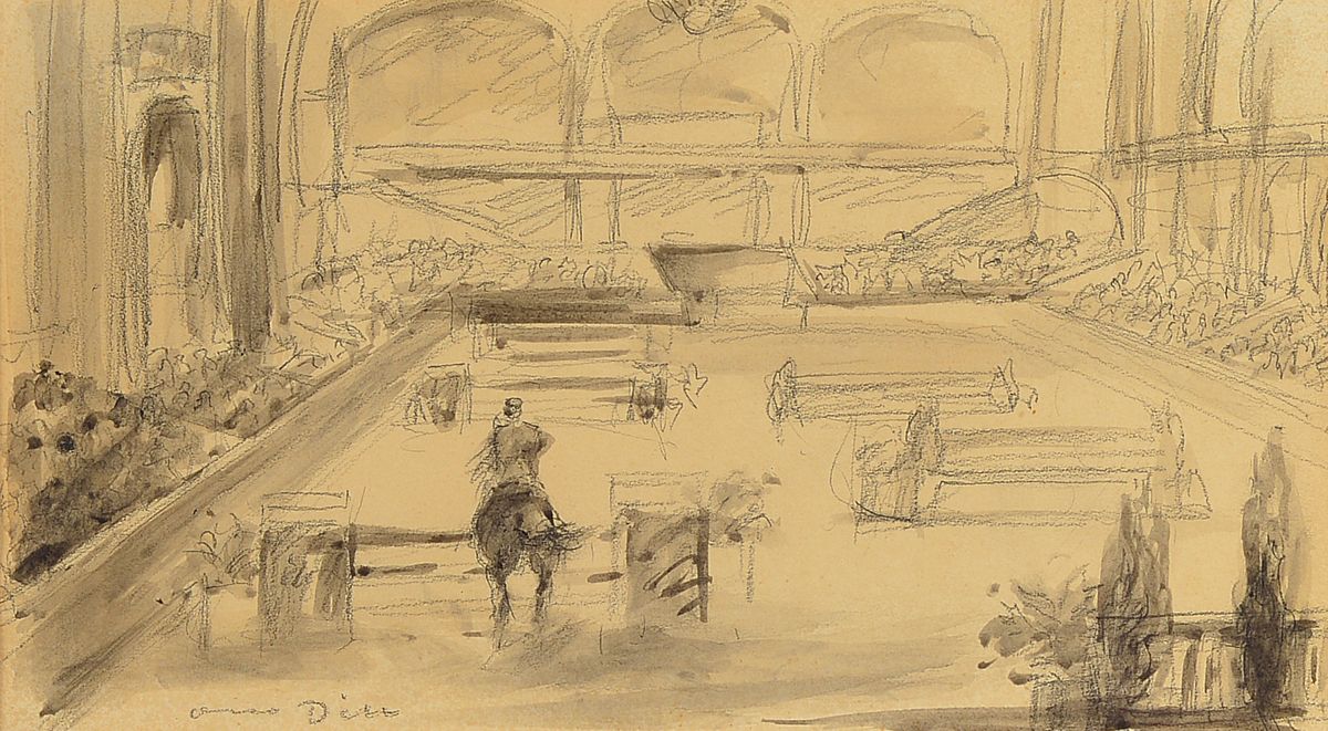 Otto Dill, 1884 Neustadt-1957 Bad Dürkheim, Tusche und Bleistift auf Papier, Reitturnier, li. u. handsigniert, 18 x 32.5 cm, Rahmen ca. 53 x 65.2 cm