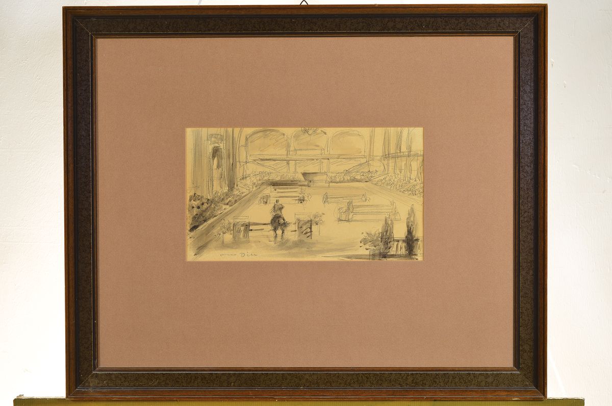 Detail k: Otto Dill, 1884 Neustadt-1957 Bad Dürkheim, Tusche und Bleistift auf Papier, Reitturnier, li. u. handsigniert, 18 x 32.5 cm, Rahmen ca. 53 x 65.2 cm