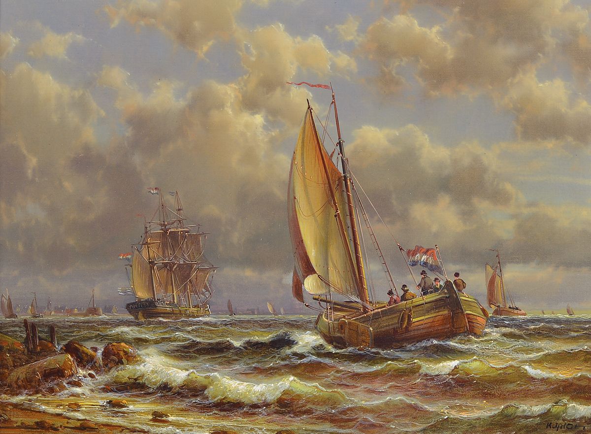 Hubert Kaplan, geb. 1940, "Einlaufende Fischkutter" datiert 1978, rückseitig bezeichnet mit Filzstift, auf der Holzplatte und Original H. ...