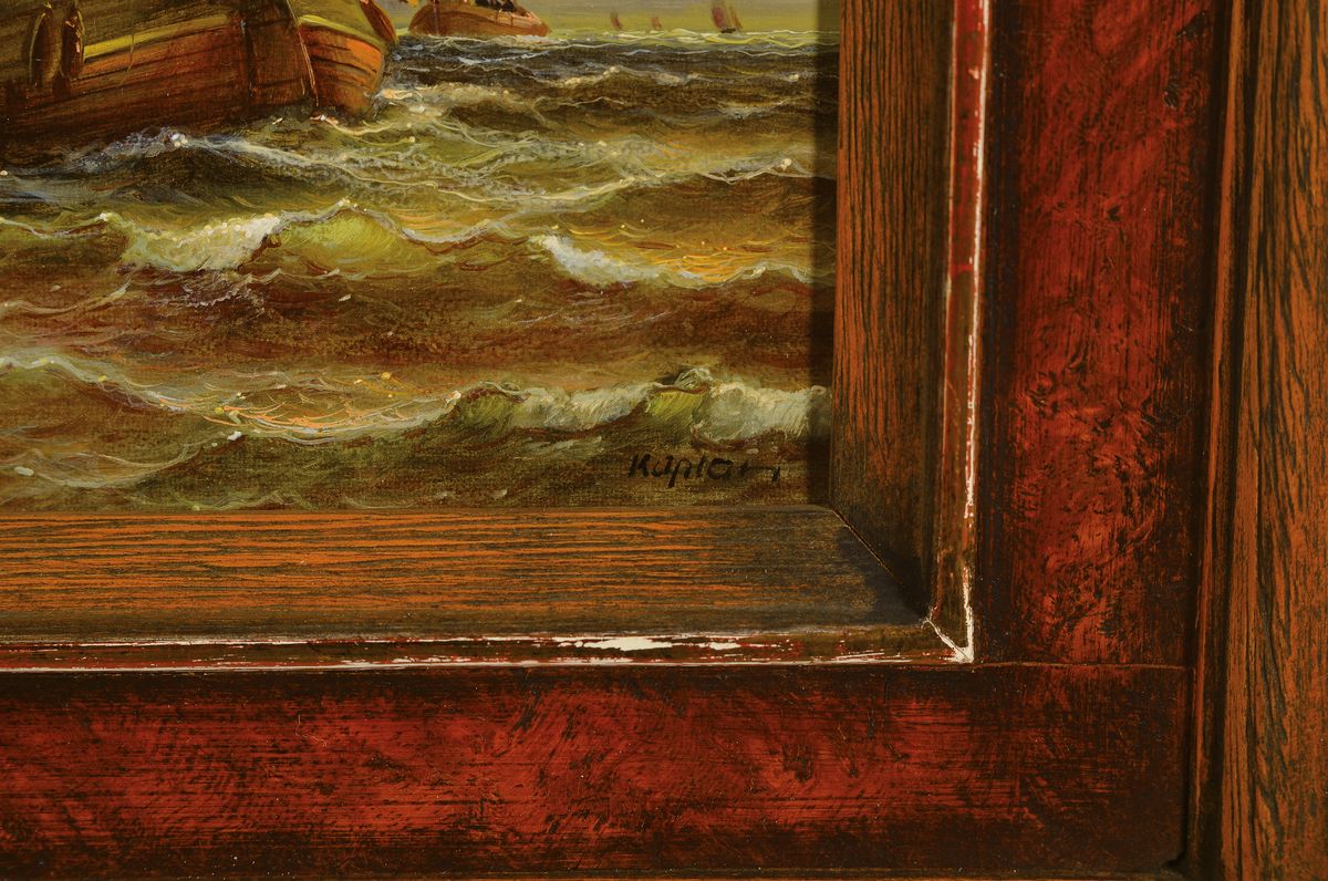 Detail a: Hubert Kaplan, geb. 1940, "Einlaufende Fischkutter" datiert 1978, rückseitig bezeichnet mit Filzstift, auf der Holzplatte und Original H. ...