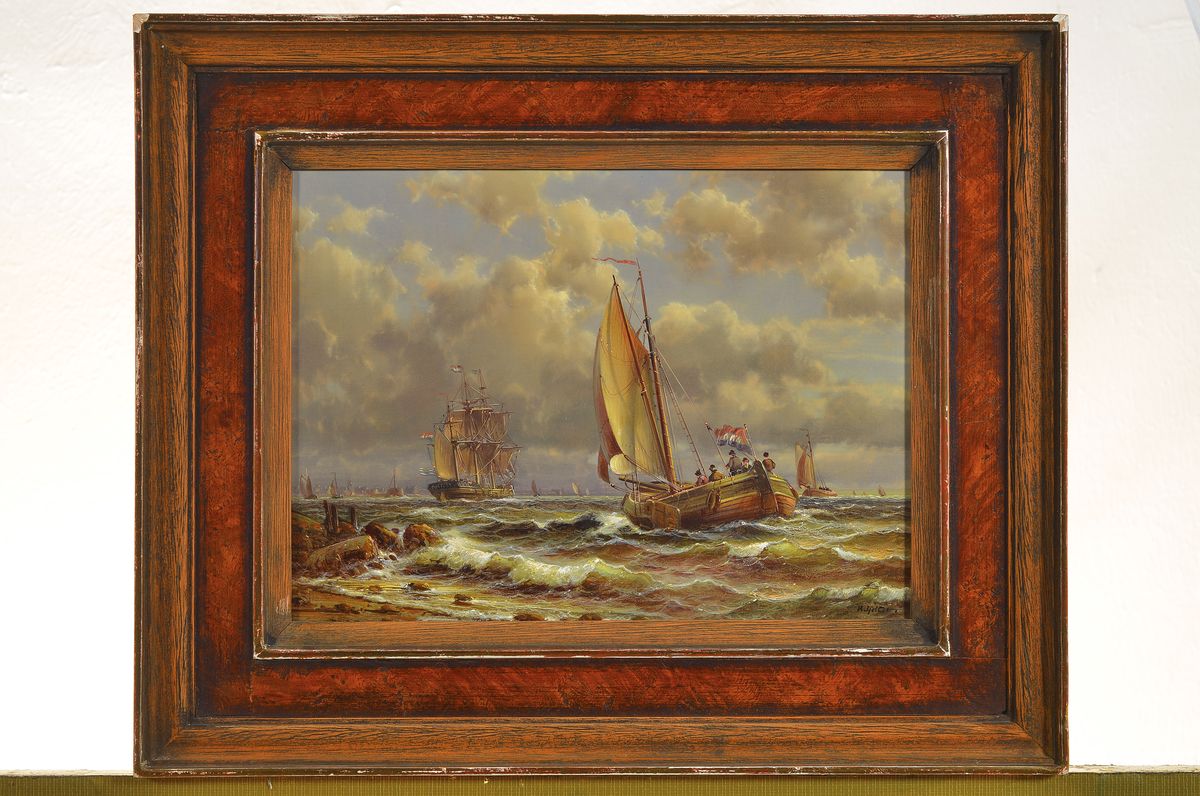 Detail k: Hubert Kaplan, geb. 1940, "Einlaufende Fischkutter" datiert 1978, rückseitig bezeichnet mit Filzstift, auf der Holzplatte und Original H. ...