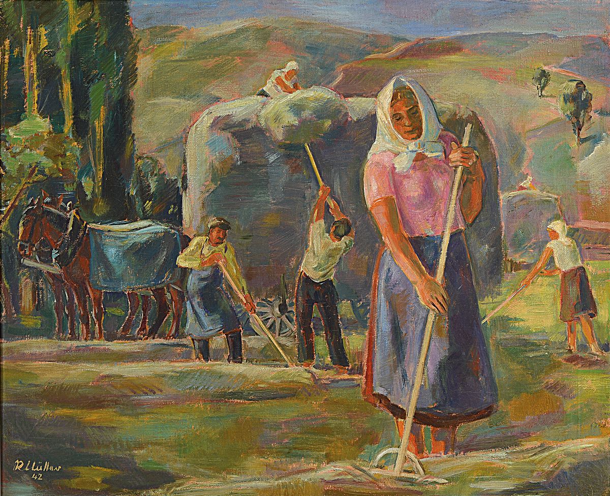 Rolf Müller-Landau, 1903- 1956, Heuernte mit Pferdewagen, Öl/Leinwand, li. u. signiert und dat. 42, ca. 73.5 x 60 cm, Rahmen 83.5 x 70.5 cm, die ...