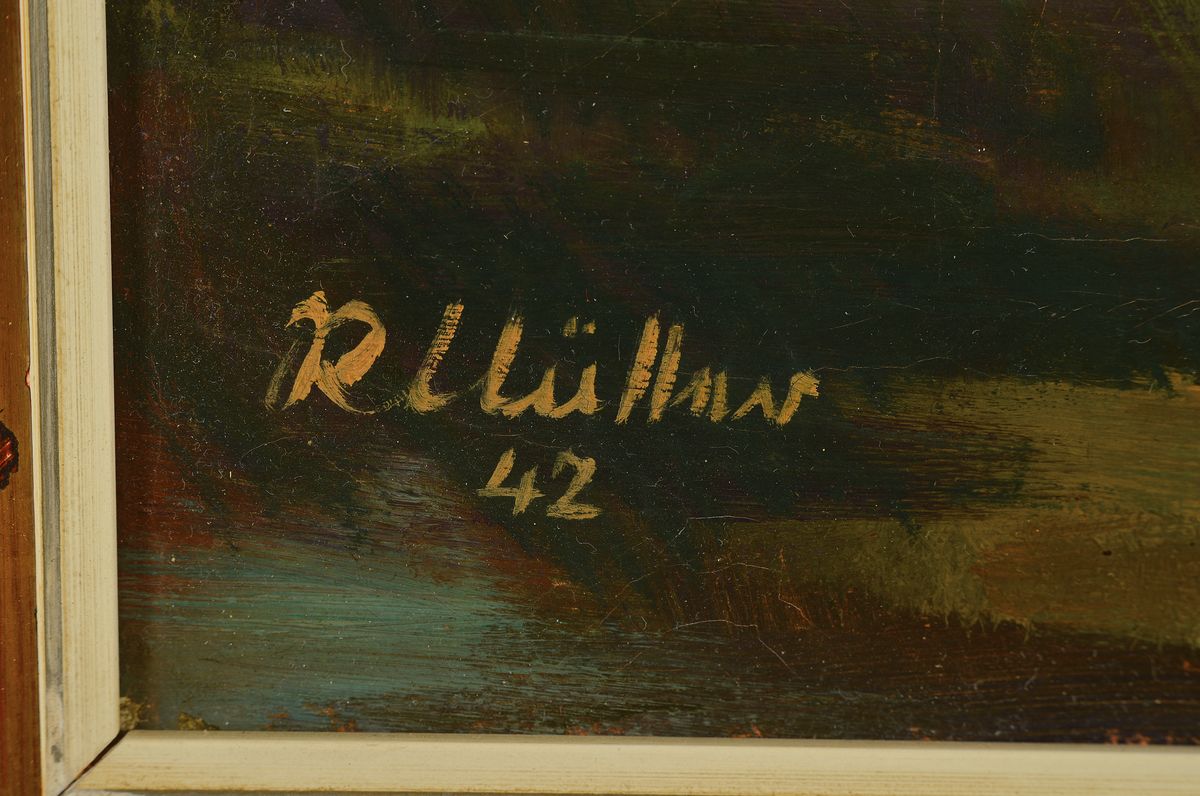 Detail a: Rolf Müller-Landau, 1903- 1956, Heuernte mit Pferdewagen, Öl/Leinwand, li. u. signiert und dat. 42, ca. 73.5 x 60 cm, Rahmen 83.5 x 70.5 cm, die ...