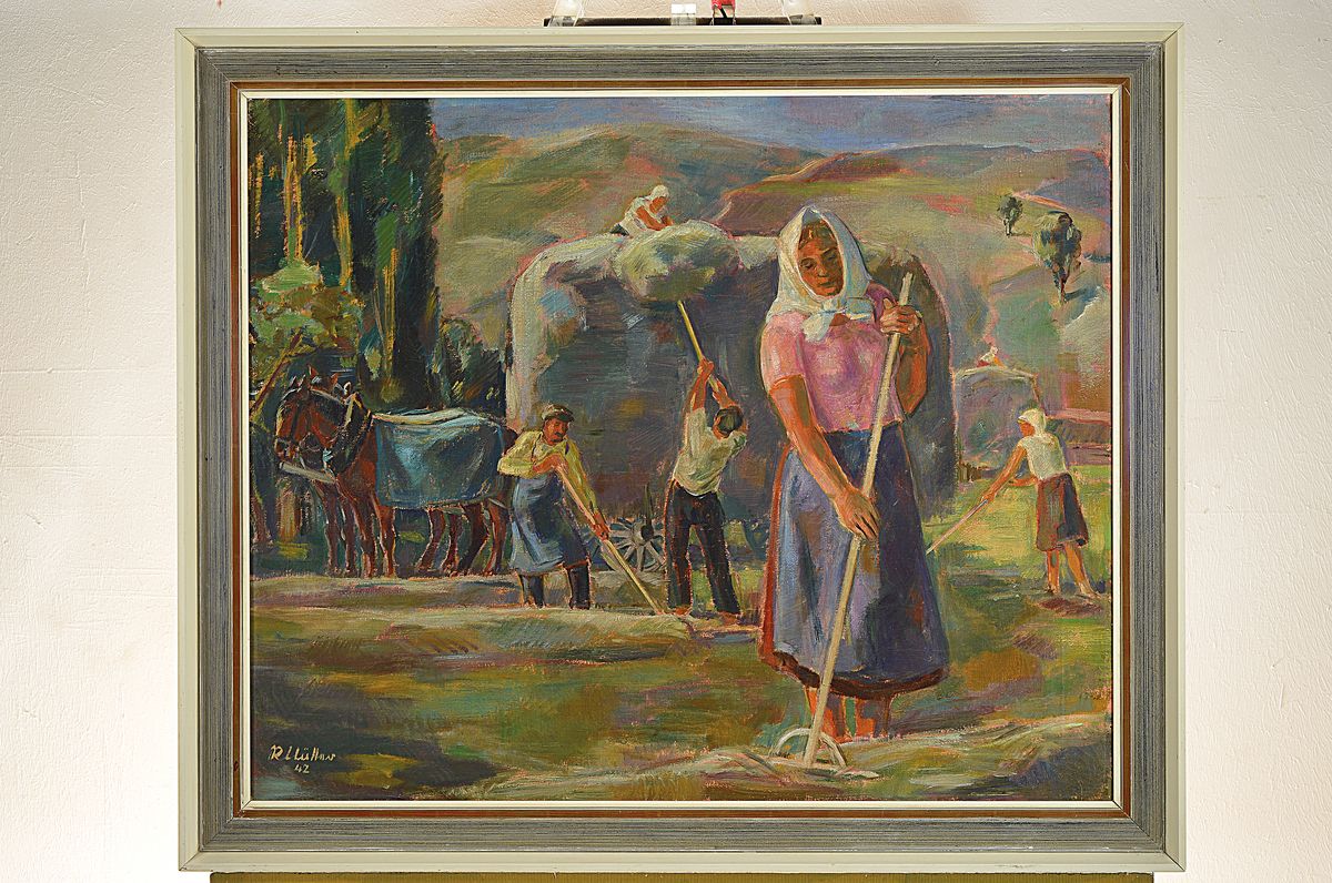 Detail k: Rolf Müller-Landau, 1903- 1956, Heuernte mit Pferdewagen, Öl/Leinwand, li. u. signiert und dat. 42, ca. 73.5 x 60 cm, Rahmen 83.5 x 70.5 cm, die ...