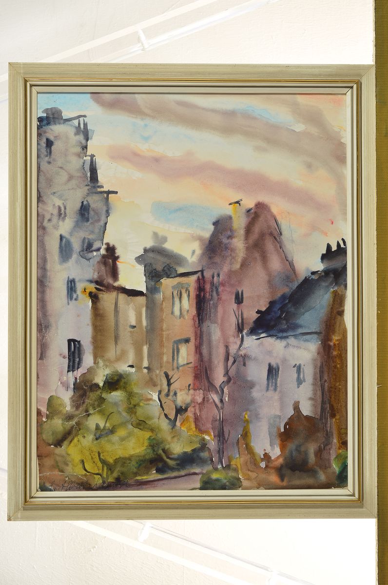 Detail k: Loulou Albert Lasard, 1885 Metz - 1869, südliche Stadtansicht, Aquarell, re. u. signiert, leicht knitterfaltig, verso auf Etikett bezeichnet: 1.09 ...