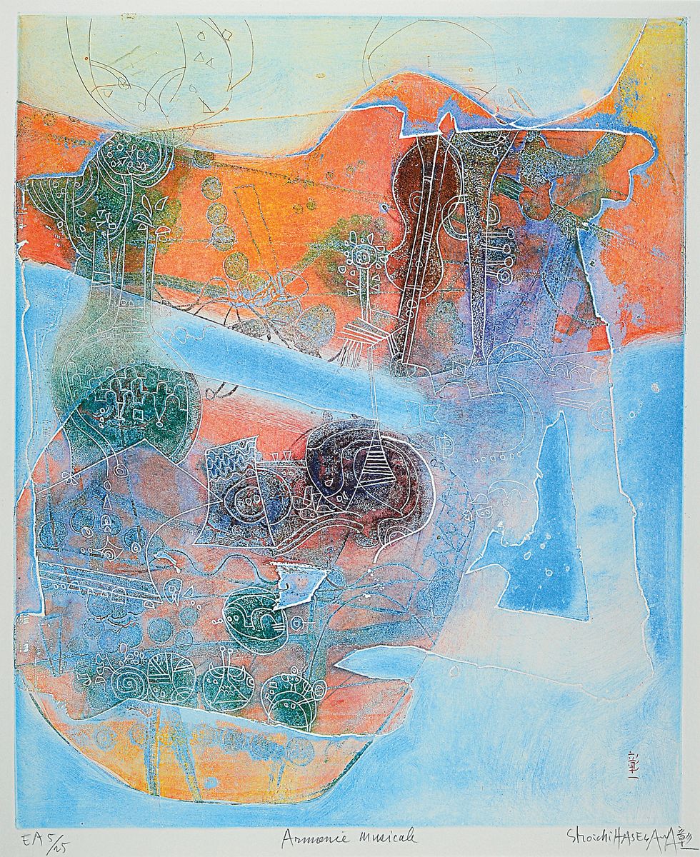Shoichi Hasegawa, geb. 1929, Farbradierung, handsign., num. 5/25, Platte ca. 59x49 cm, gesamt ca. 85x72 cm, unter Glas gerahmt
