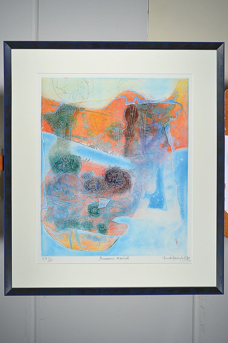 Detail k: Shoichi Hasegawa, geb. 1929, Farbradierung, handsign., num. 5/25, Platte ca. 59x49 cm, gesamt ca. 85x72 cm, unter Glas gerahmt