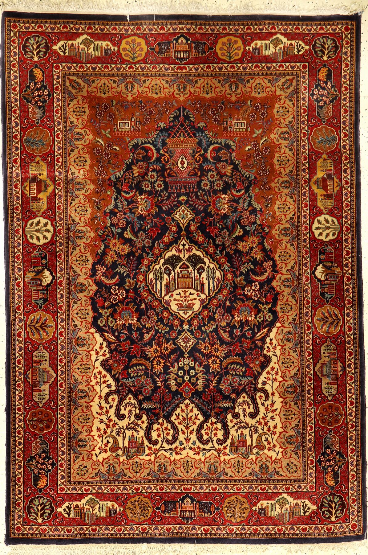 Keschan fein, China, ca. 40 Jahre, Korkwolle mit und auf Seide, ca. 185 x 125 cm,EHZ: 2-3, 10 x 10 Knüpfung