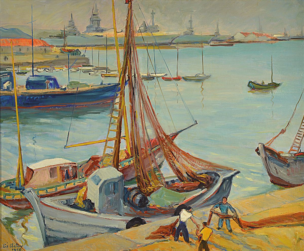Liè Thelier, 1902 Condé sur Escaut-1976 Albstadt, Port de Toulon II, Öl/Lwd, li. u. signiert und dat. 1956, verso auf Etikett bezeichnet und ...