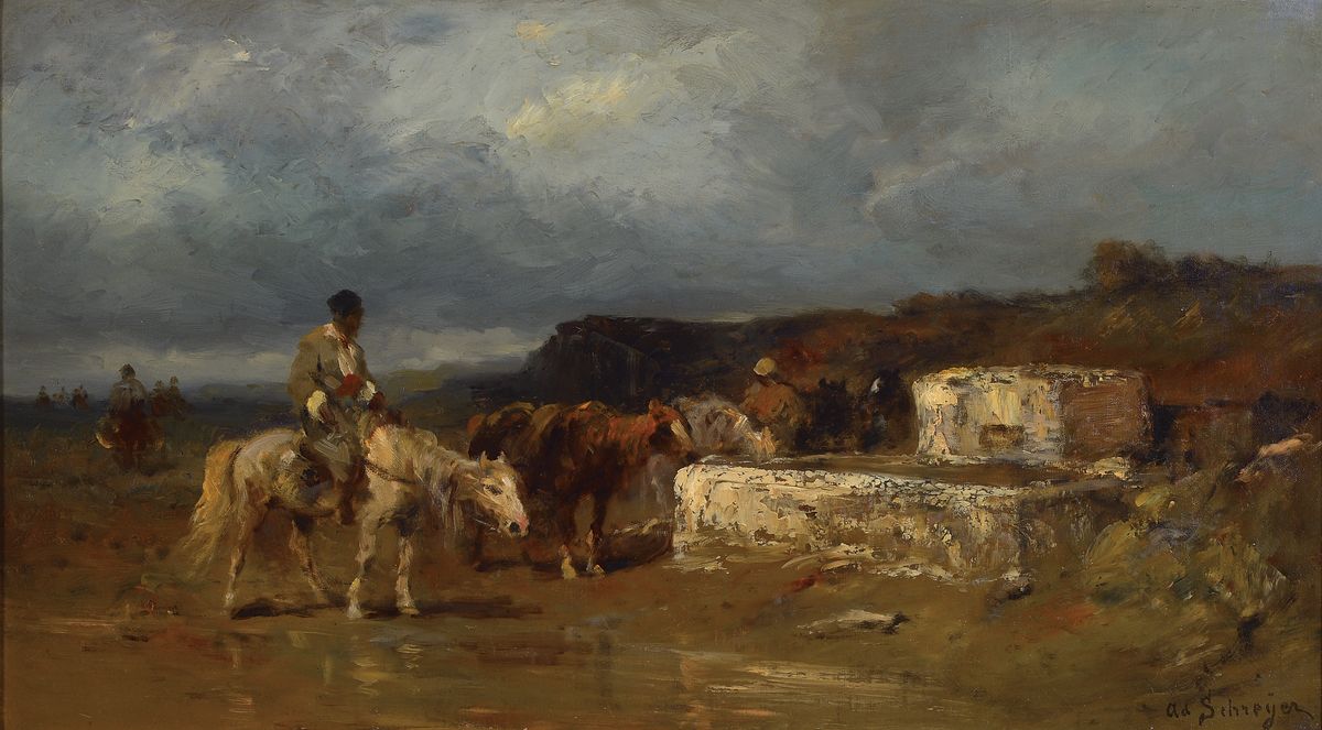 Adolf Schreyer, 1828 Frankfurt/Main-1899 Kronberg, bekannter Tier-, Landschafts- und Genremaler, einer der bekanntesten Kronberger Maler, Reiter an ...