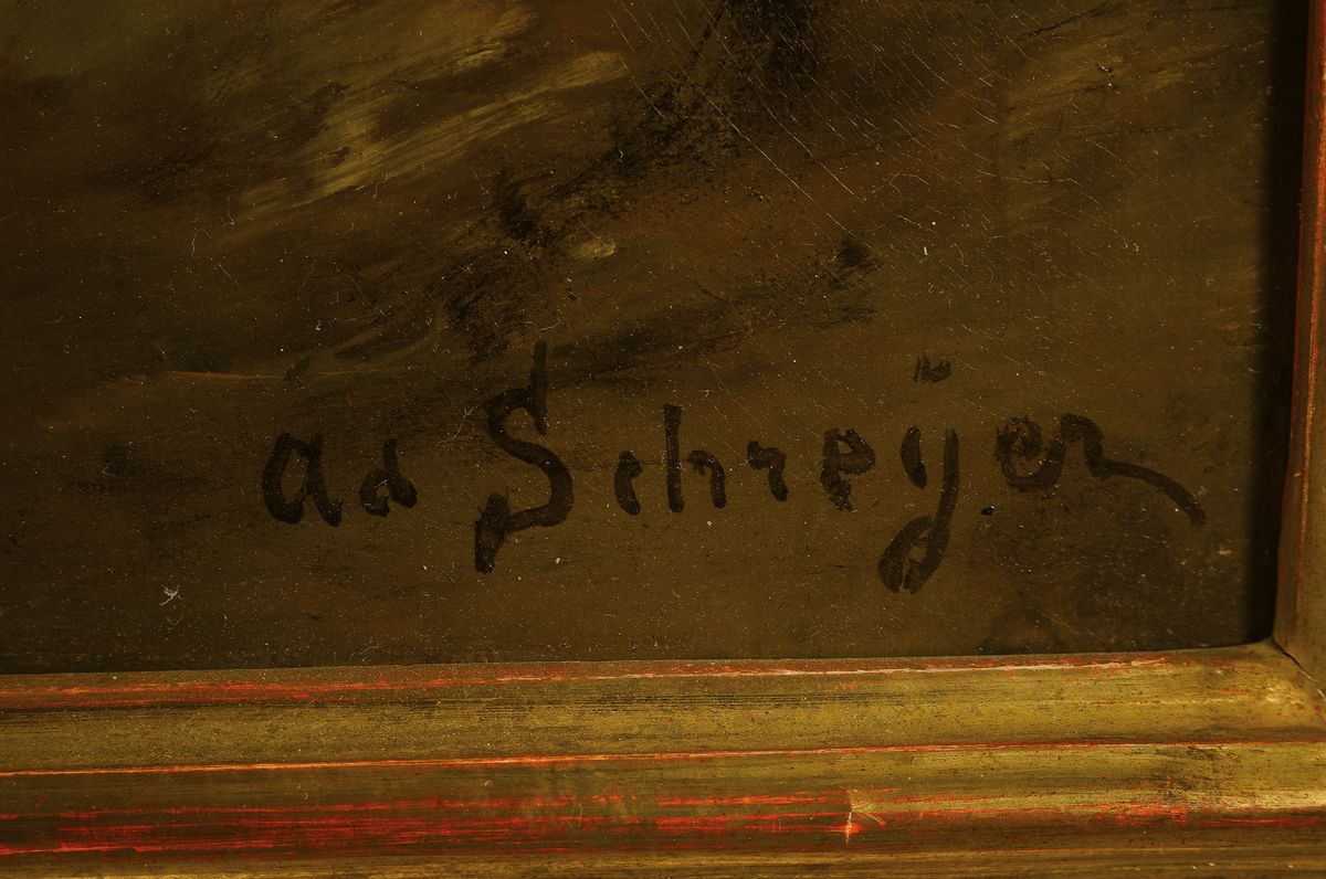 Detail a: Adolf Schreyer, 1828 Frankfurt/Main-1899 Kronberg, bekannter Tier-, Landschafts- und Genremaler, einer der bekanntesten Kronberger Maler, Reiter an ...