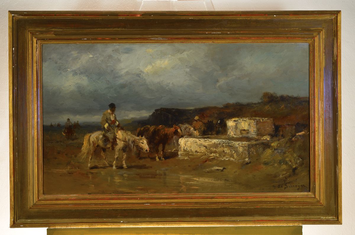 Detail k: Adolf Schreyer, 1828 Frankfurt/Main-1899 Kronberg, bekannter Tier-, Landschafts- und Genremaler, einer der bekanntesten Kronberger Maler, Reiter an ...