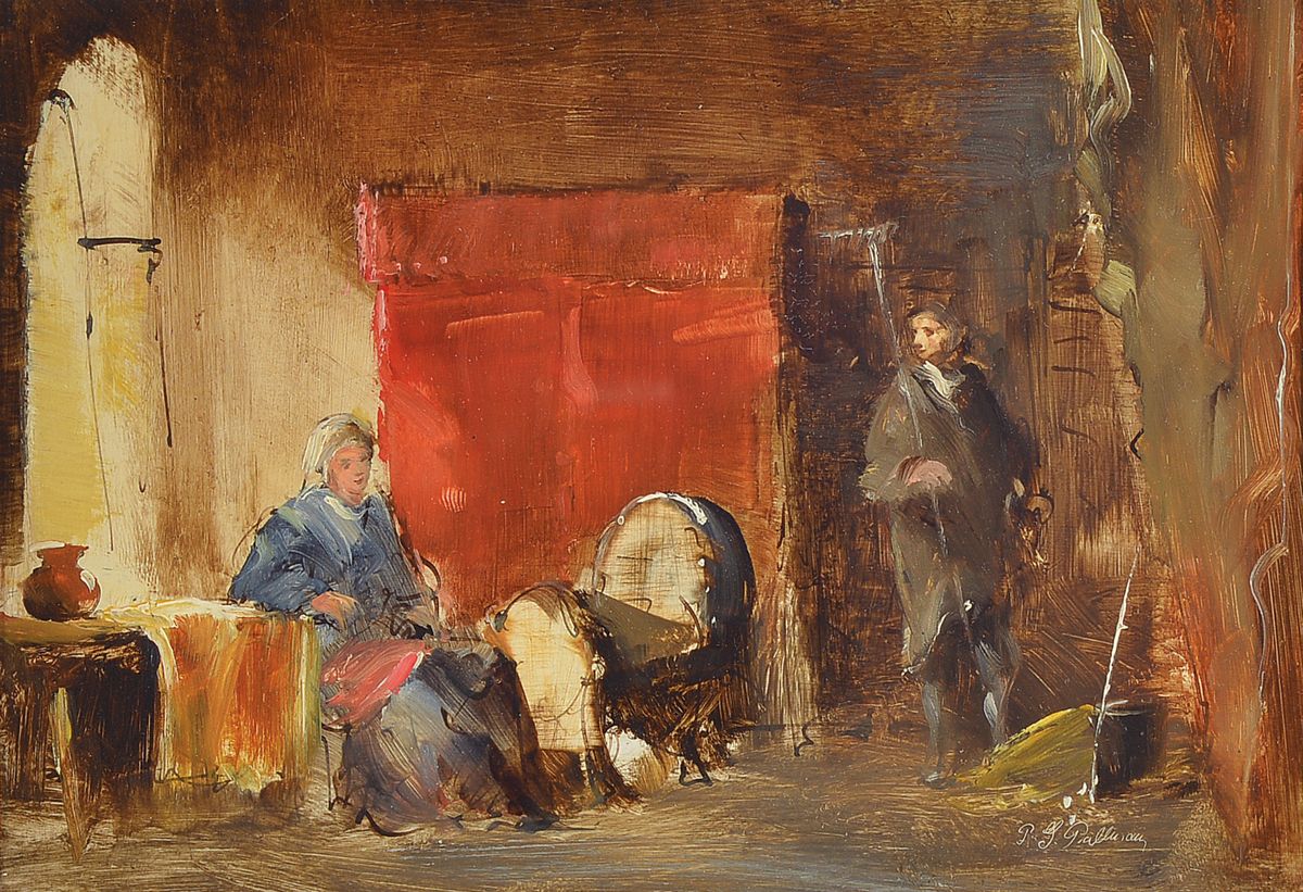 Peter Götz Pallmann, 1908 Berlin - 1966, Genreszene in der Bauernstube, Mutter mit Wiege und Bauer, Öl/Malkarton, signiert, ca. 18 x 25 cm, unter ...