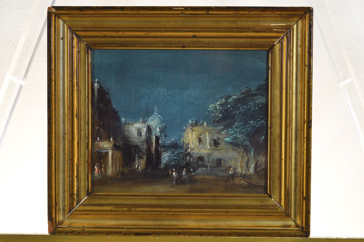 Detail k: Zuschreibung: Peter Götz Pallmann, 1908 Berlin-1966, Pariser Straßenansicht bei Nacht, Öl/Papier, unsigniert, ca. 22 x 28 cm, unter Glas, Rahmen ...
