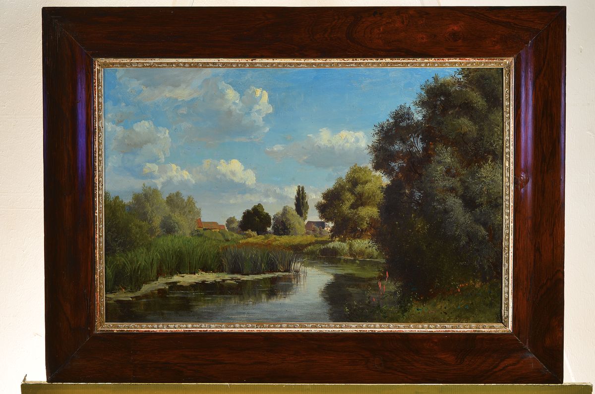 Detail k: Richard Fresenius, 1844 - 1903, Kronberger Maler, Flußlandschaft, Öl/Lwd/ Karton, unsigniert, rückseitig mit Bestätigung der Tochter u. no.921 ...