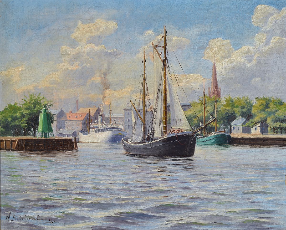 Waldemar Schlichting, 1896 Berlin-1970, Der Hafen in Bremerhaven, Öl/Lwd, links unten signiert, ca. 55x69cm, R. ca. 63x77cm