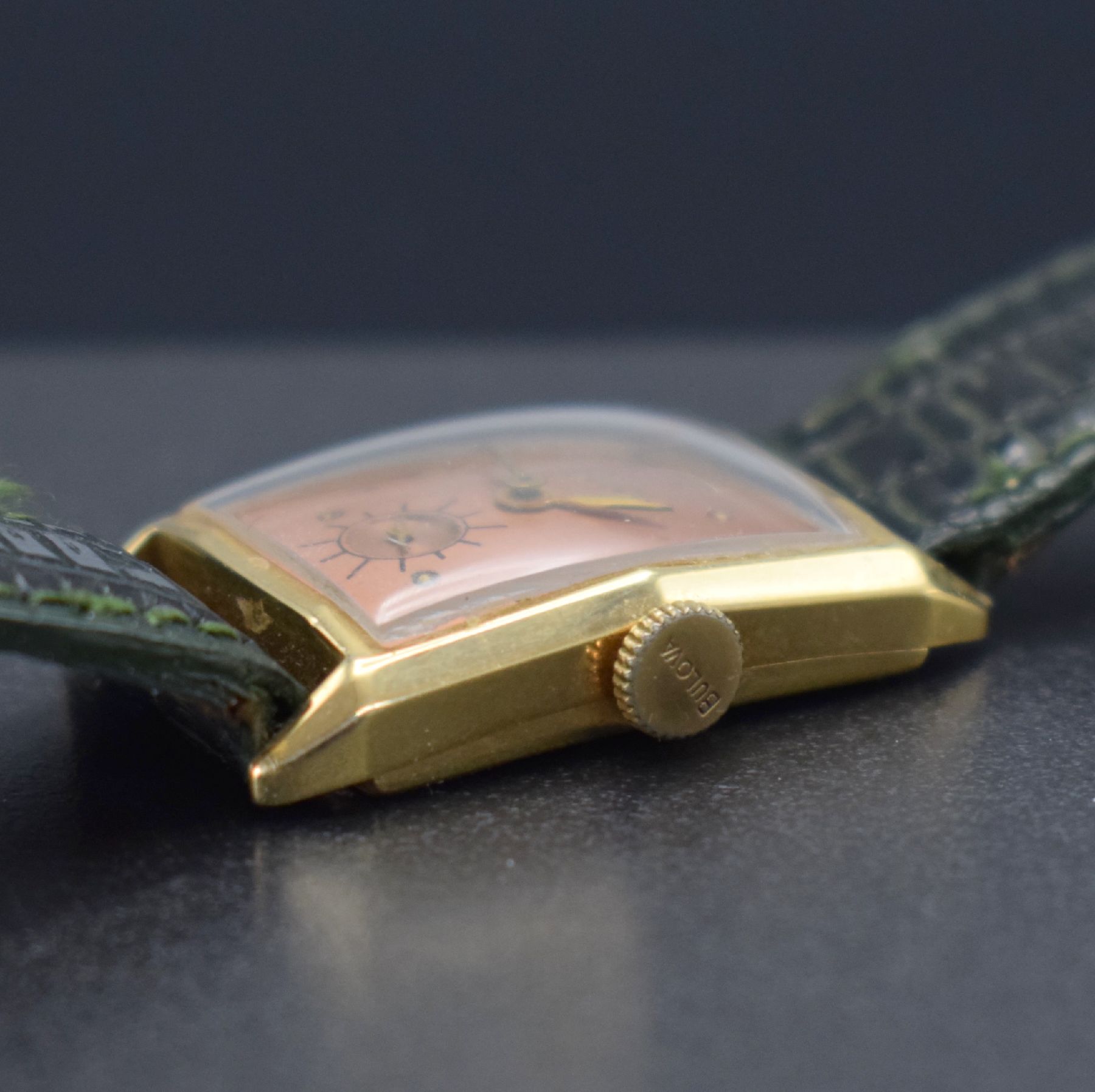 Detail f: BULOVA Armbanduhr in GG 585/000, Schweiz/USA um 1940, Handaufzug, 2-teil. Gehäuse, Boden aufgedr., kupferfarb. rest. Zifferbl., gold. Zeiger, Kal. ...