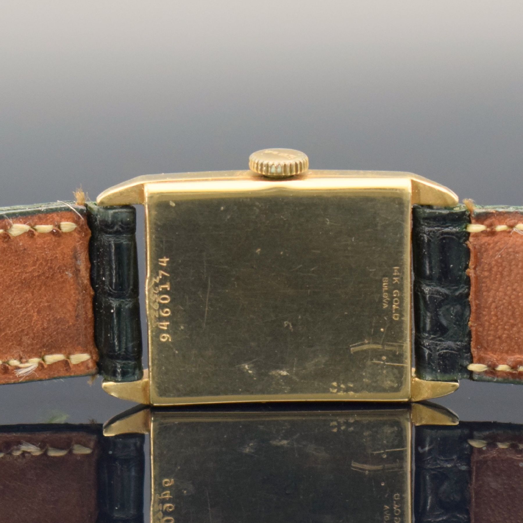 Detail g: BULOVA Armbanduhr in GG 585/000, Schweiz/USA um 1940, Handaufzug, 2-teil. Gehäuse, Boden aufgedr., kupferfarb. rest. Zifferbl., gold. Zeiger, Kal. ...