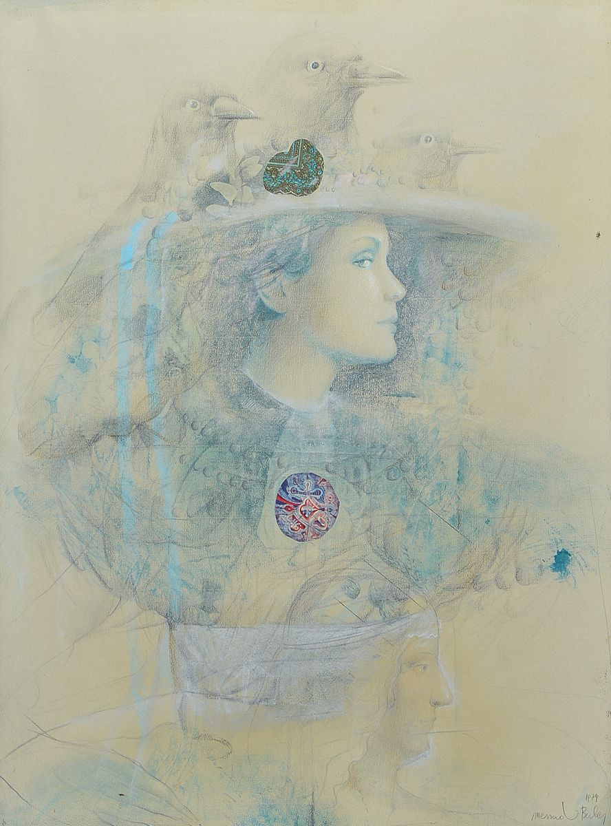 Mersad Berber, geb. 1940 Bosanski Pastellzeichnung, Frauenporträt, signiert und datiert 1979, collagiert, ca. 60 x 97 cm Abbildung, Gesamt ca. 104 x ...