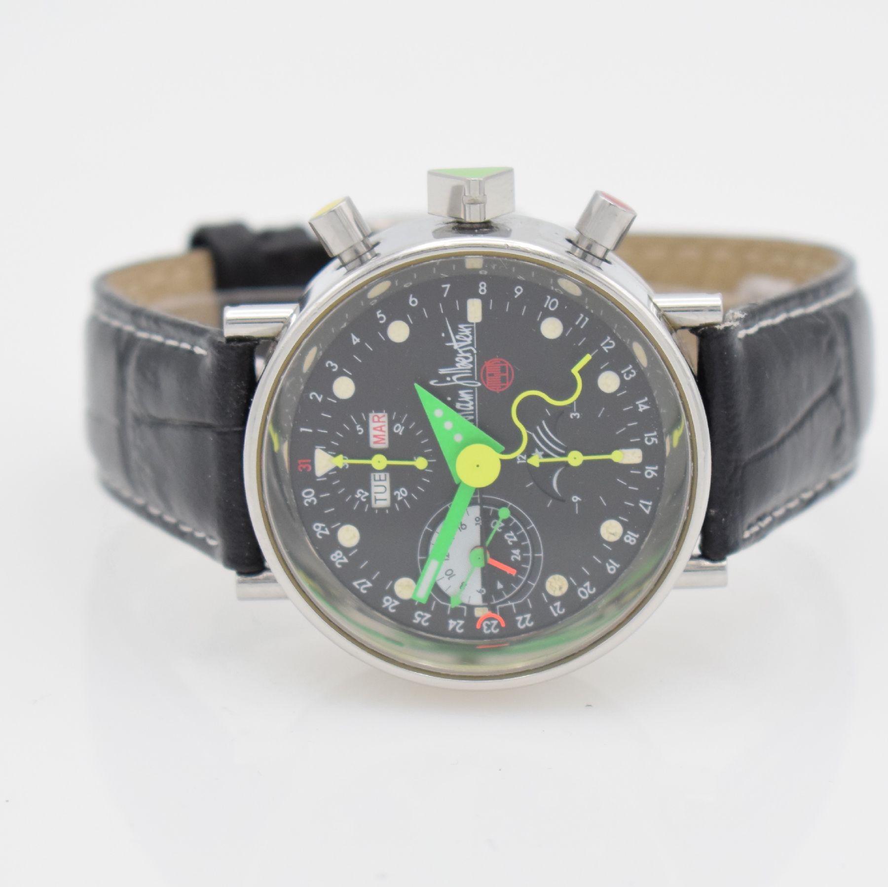 ALAIN SILBERSTEIN KRONO 2 Bauhaus Herrenarmbanduhr mit Chronograph, Vollkalender & Mondphase, Frankreich/Schweiz um 1993, Automatik, auf 999 Stück ...